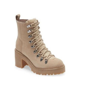 NEW Jeffrey Campbell O What Faux Fur Trim Lace-Up Leather Boot Taupe US 8.5M